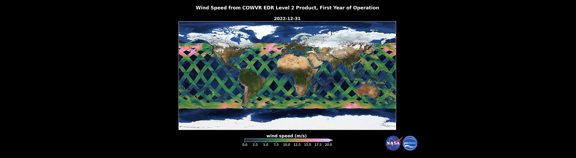 This graphic illustrates the daily wind speed measurements from the Compact Ocean Wind Vector Radiometer (COWVR) instrument during its first year of operation. 