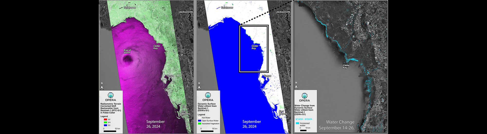 This graphic illustrates information gathered from OPERA, collected from Hurricane Helene when it made landfall in the Big Bend area of the Florida Gulf Coast as a Category 4 storm, causing coastal flooding from 15 feet of storm surge.